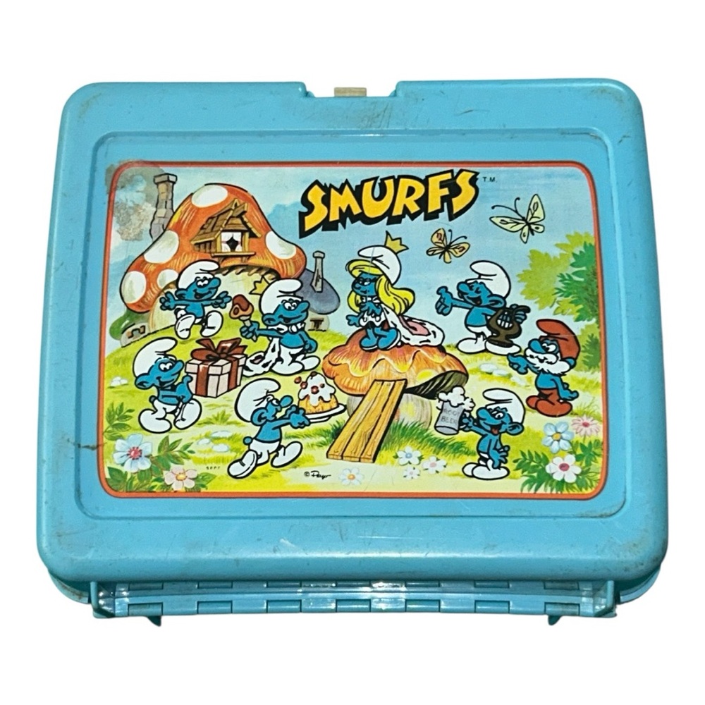 Vintage 70s 80s Smurfs Collection - Thermos Lunchbox and Miniature Figurines